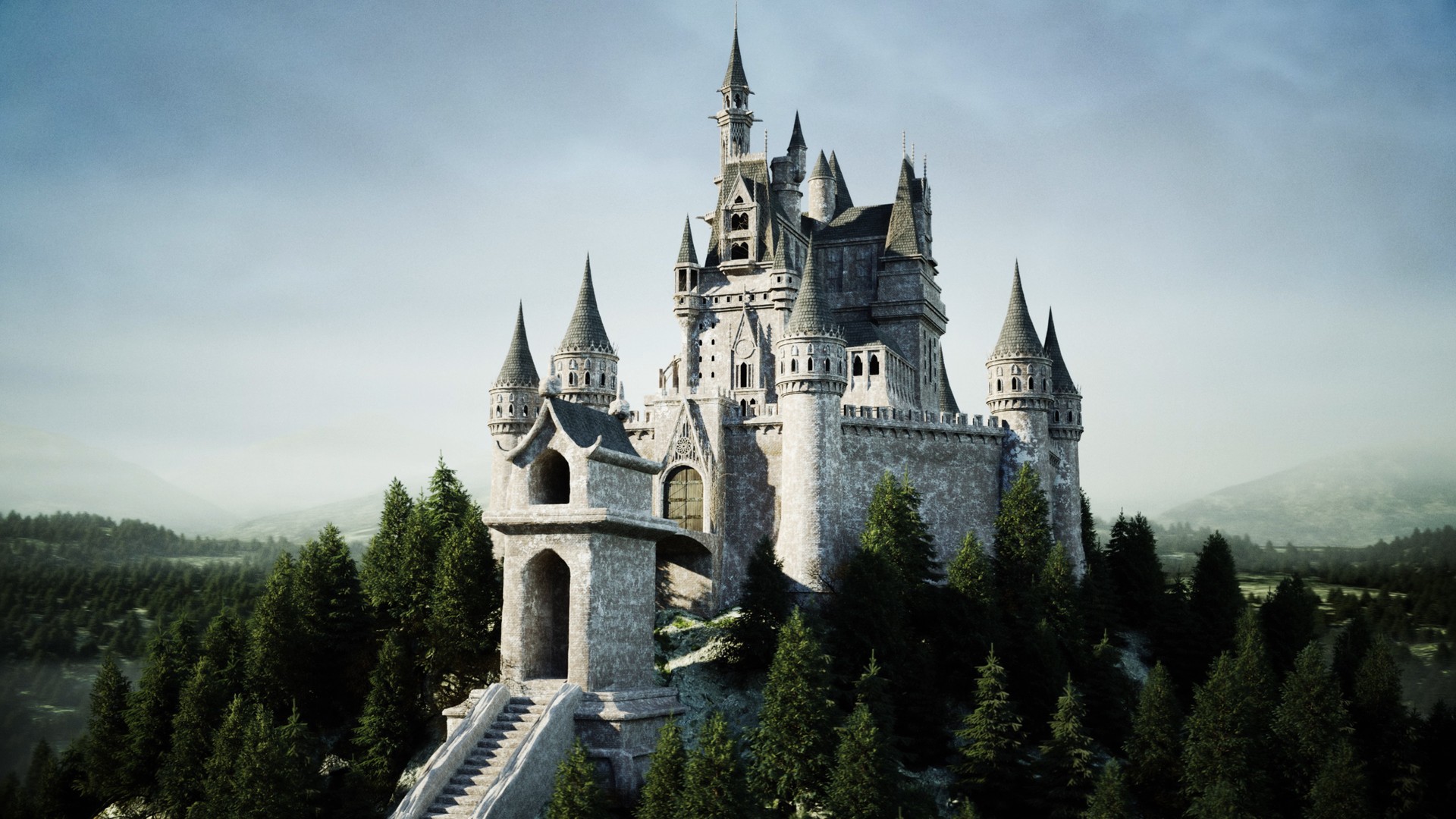 Old fairytale castle on the hill. aerial view. 3d rendering. Old fairytale castle on the hill. aerial view. 3d rendering.